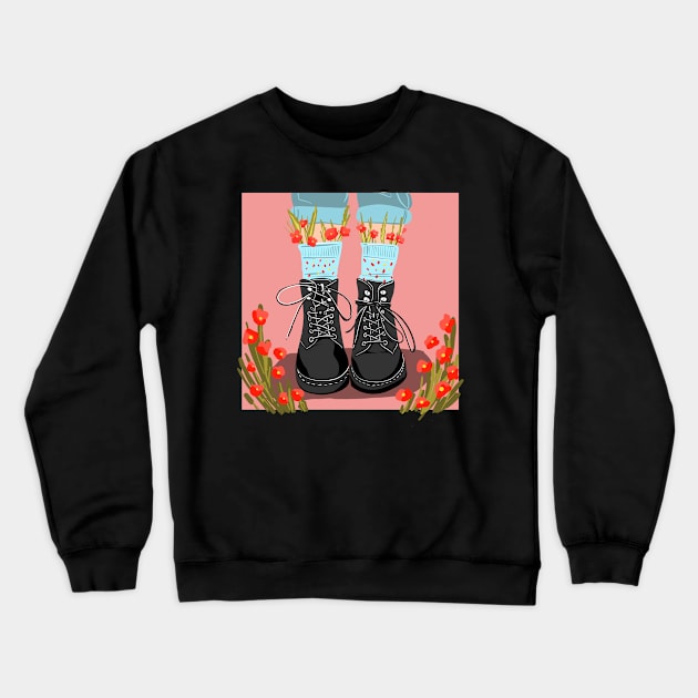 illustration black shoes with flowers.  boots with socks.flowers in socks Crewneck Sweatshirt by Nushech